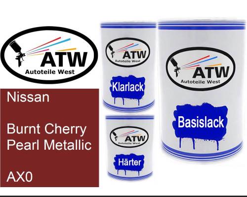 Nissan, Burnt Cherry Pearl Metallic, AX0: 500ml Lackdose + 500ml Klarlack + 250ml Härter - Set, von ATW Autoteile West.